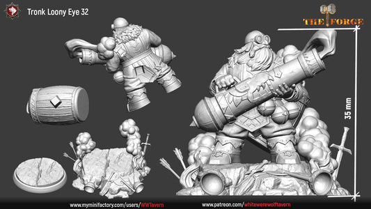 Tronk Loony Eye, Dwarf Cannoneer | TABLETOP SCALE | TTRPG Miniature | White Werewolf Tavern | Unpainted, Unplated Resin 8k