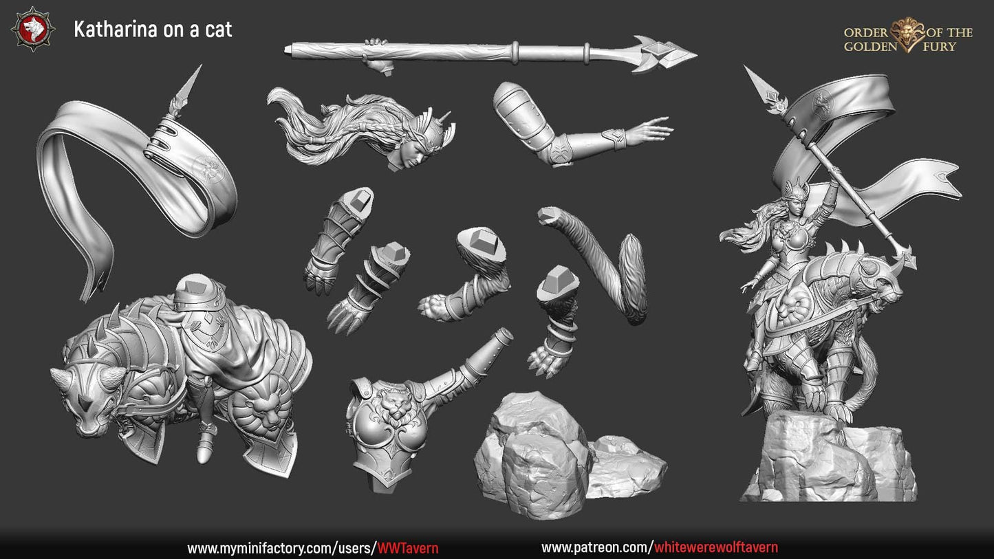 Katharina on a Cat | TABLETOP SCALE | TTRPG D&D Miniature | White Werewolf Tavern