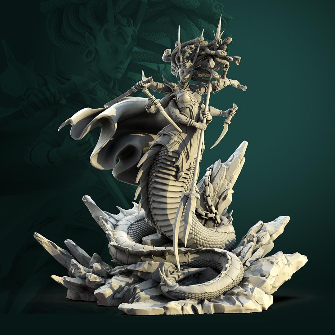 Tattles Told 3D Medusa TTRPG D&D miniature featuring a white werewolf tavern scene miniature with detailed sculpting.