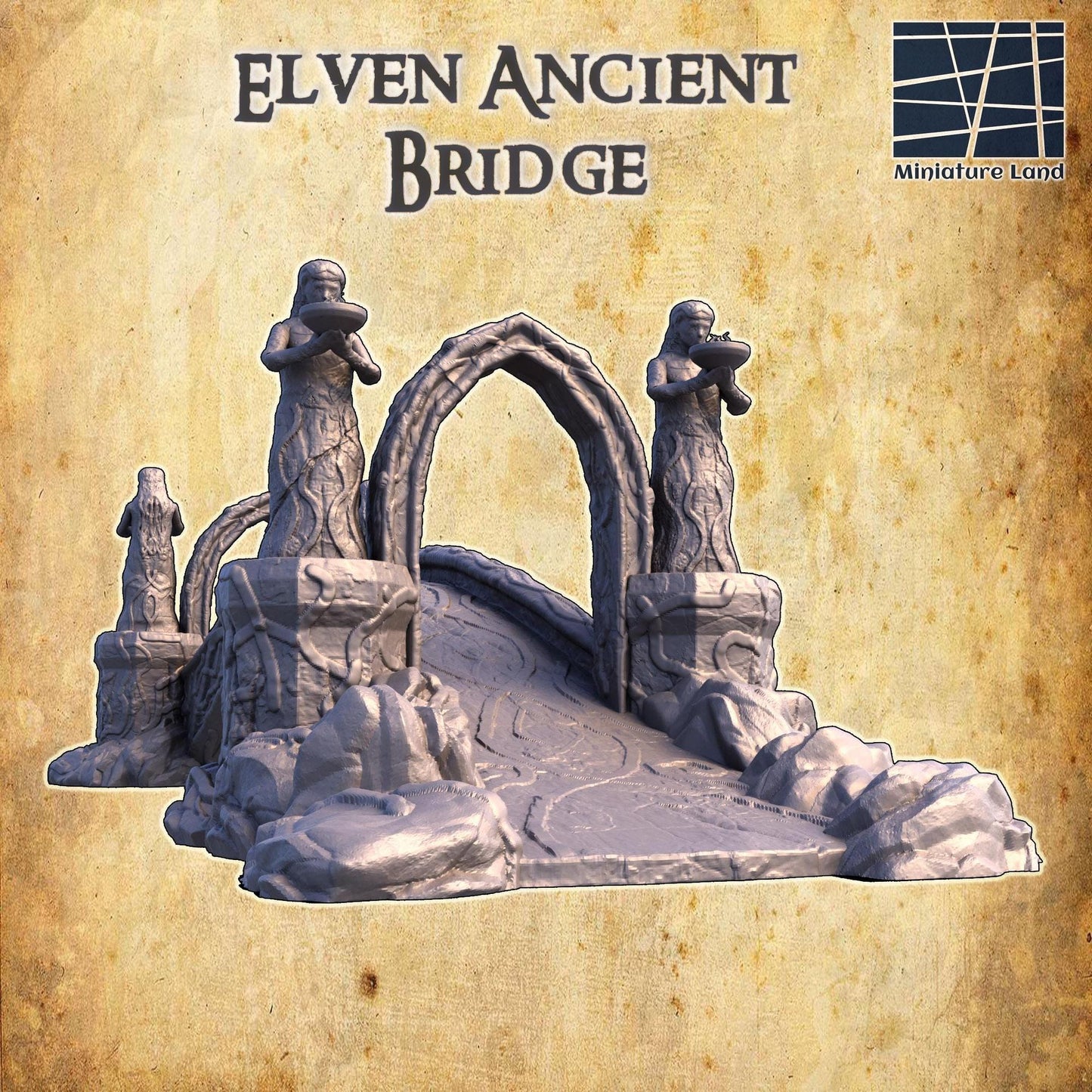 Elven Ancient Bridge, Old Elf River | 28mm Scale Model Terrain | D&D TTRPG Playable 3D Printed Building | MiniatureLand