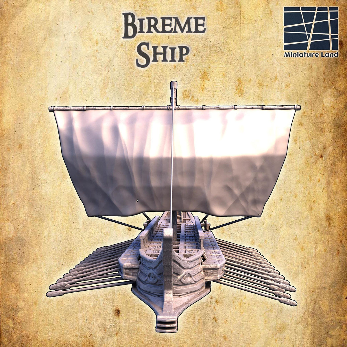 28mm scale Bireme Ship terrain model for D&D and TTRPGs, 3D printed miniature building by Tattles Told 3D.