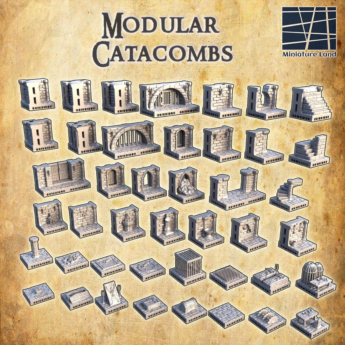 28mm scale Catacombs Open Lock modular terrain piece for D&D TTRPG, 3D printed building for tabletop miniature gaming.