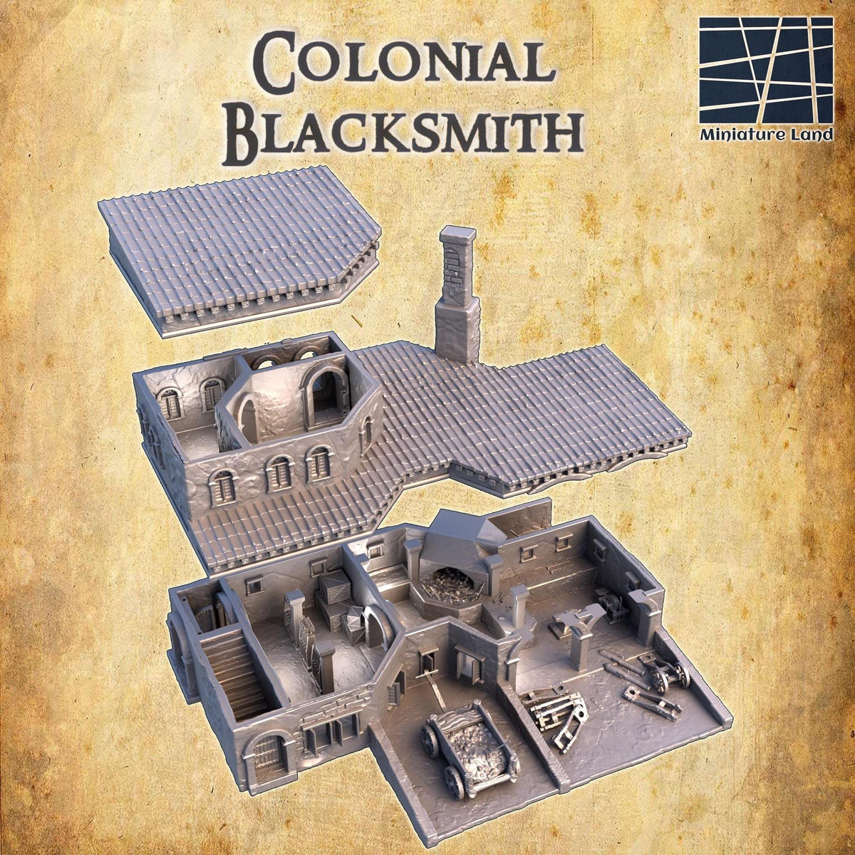 28mm scale Colonial Blacksmith playable terrain model by Tattles Told 3D, suitable for D&D TTRPG gaming, 3D printed building.
