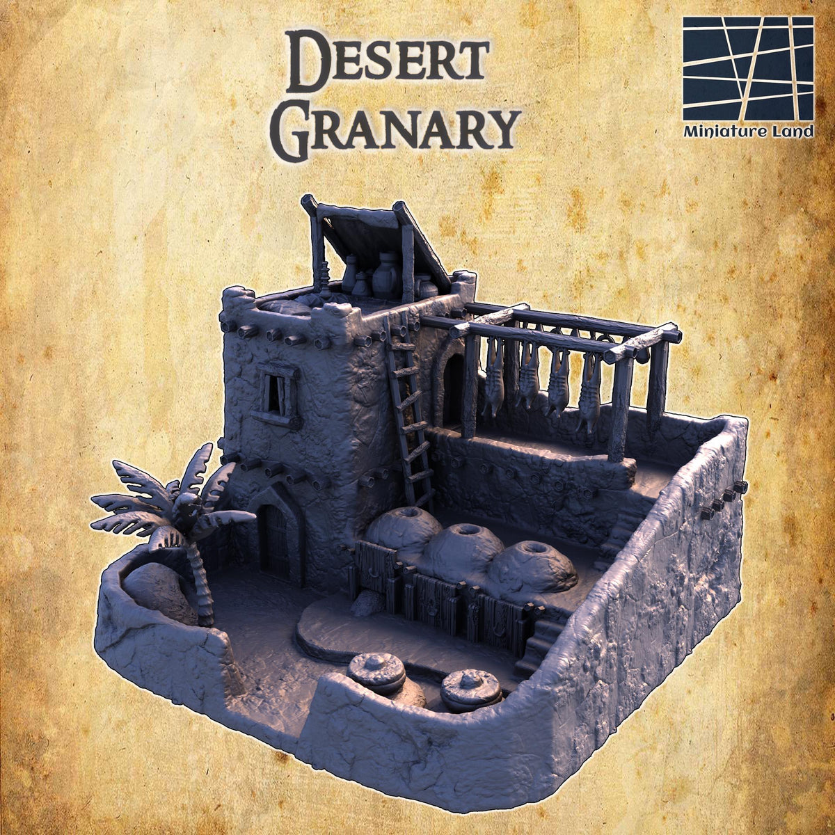 3D printed Desert Granary terrain model for D&D TTRPG, 28mm scale, featuring detailed playable building by Tattles Told 3D.