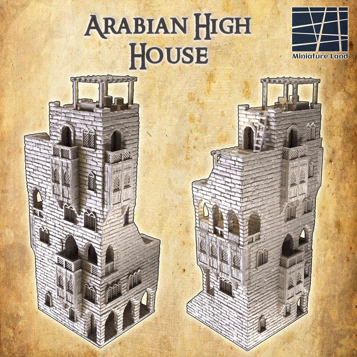 28mm scale Desert High House terrain model for D&D TTRPG, 3D printed playable building from Tattles Told 3D.