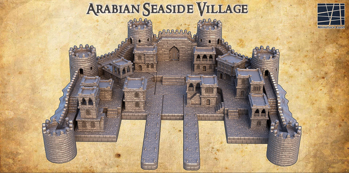 3D printed desert seaside village terrain model by Tattles Told 3D, detailed miniature building for D&D tabletop role-playing games