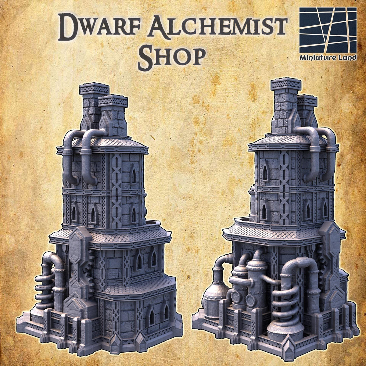28mm scale Dwarf Alchemist Shop terrain by Tattles Told 3D, a detailed 3D printed building for D&D TTRPG tabletop gameplay
