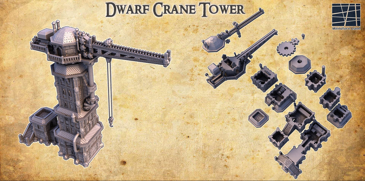 28mm scale Dwarf Crane Tower terrain model for D&D TTRPG, 3D printed miniature building for tabletop gaming.