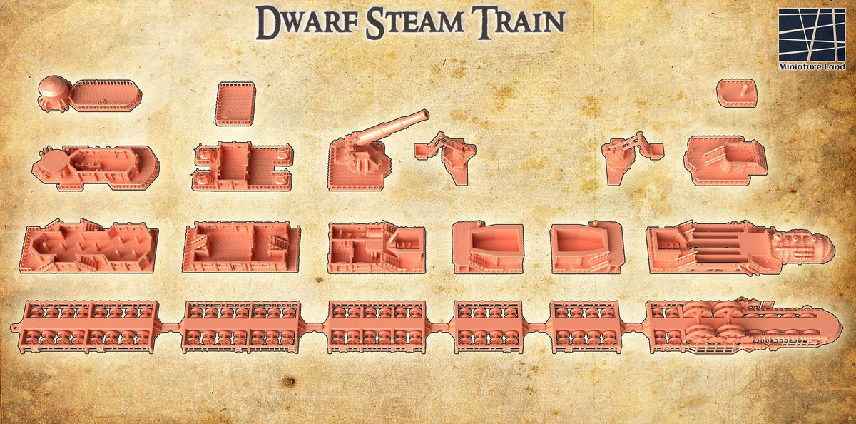 3D printed Dwarf Steam Train miniature terrain for D&D TTRPG, detailed 28mm scale model by Tattles Told 3D.