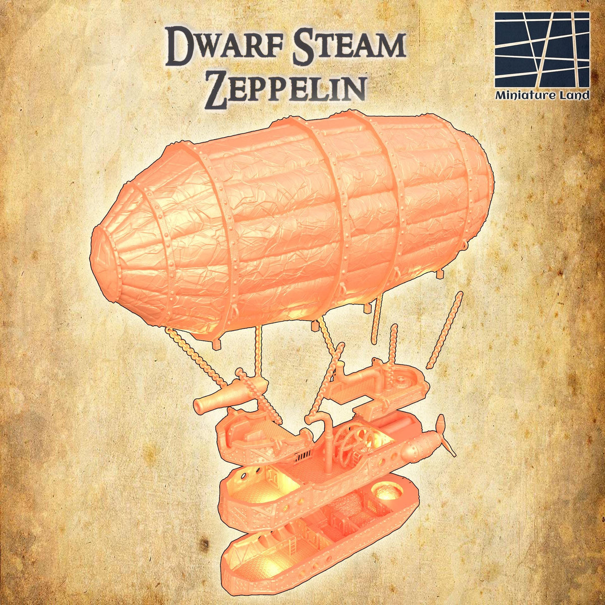 Dwarf Steam Zeppelin 28mm scale playable terrain model for D&D TTRPG, 3D printed miniature building by Tattles Told 3D