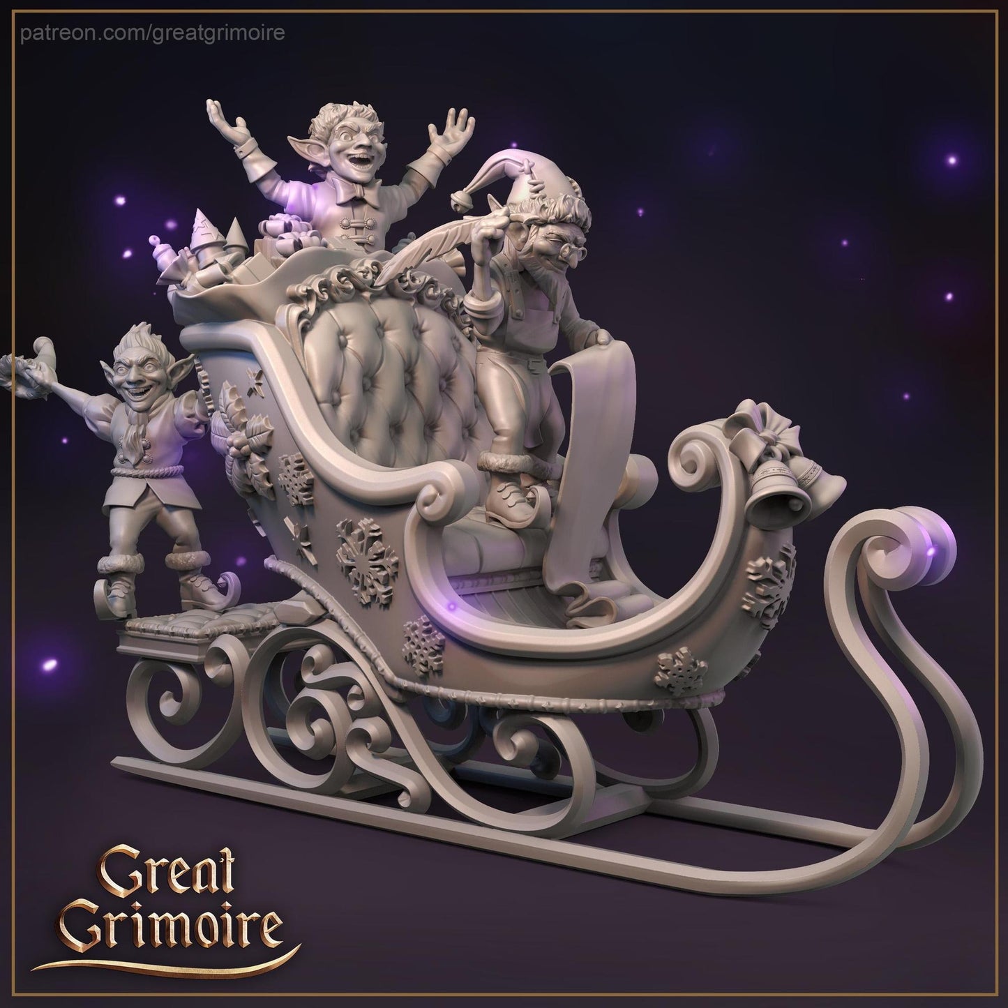 Christmas Sleigh, Reindeer, Elves, Jingle Bells | Tabletop Gaming 3D Print Miniatures Full Set | Great Grimoire