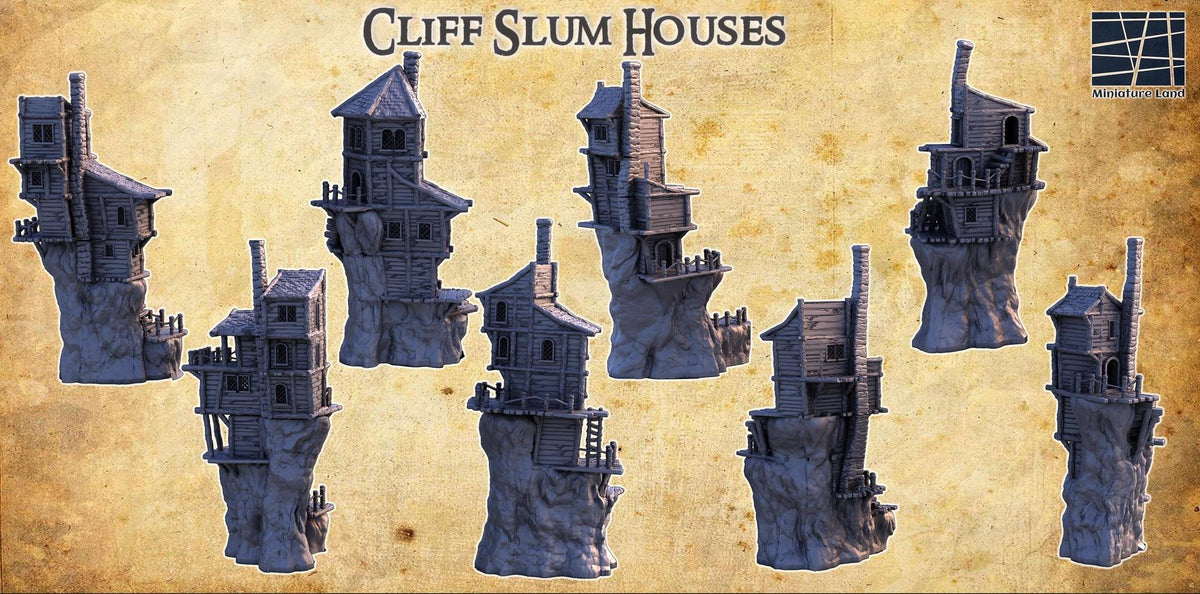 Cliff Slum Village Houses 28mm scale model terrain for D&D tabletop RPG, 3D printed miniature by Tattles Told 3D.