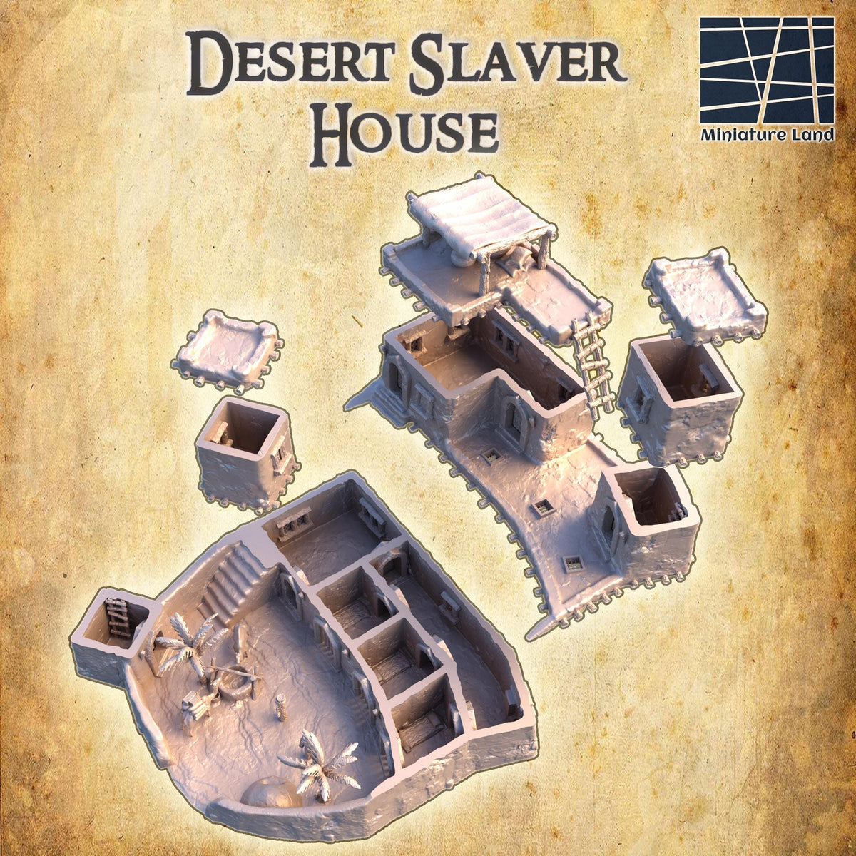 28mm scale Desert Slaver House terrain model for D&D and TTRPGs, 3D printed playable building by Tattles Told 3D.