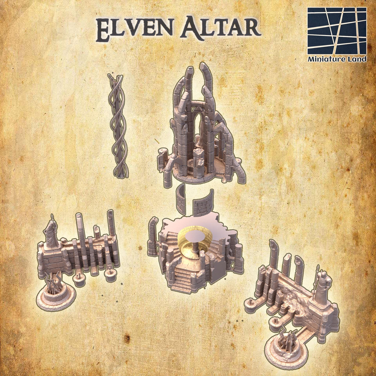 Detailed 28mm Elven Altar terrain model for D&D tabletop RPG, 3D printed miniature building by Tattles Told 3D.