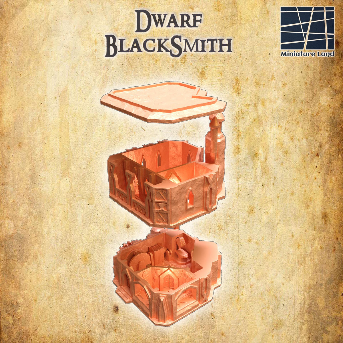 28mm scale Dwarf Blacksmith House terrain, detailed 3D printed miniature building for D&D TTRPG gameplay.