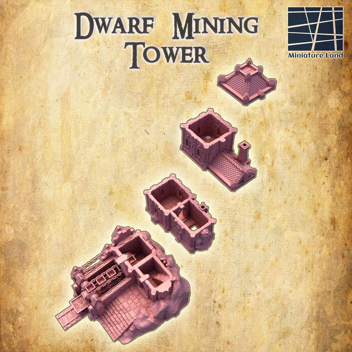 Detailed 28mm scale dwarf coal mine and mining tower terrain model for tabletop RPGs, 3D printed by Tattles Told 3D.