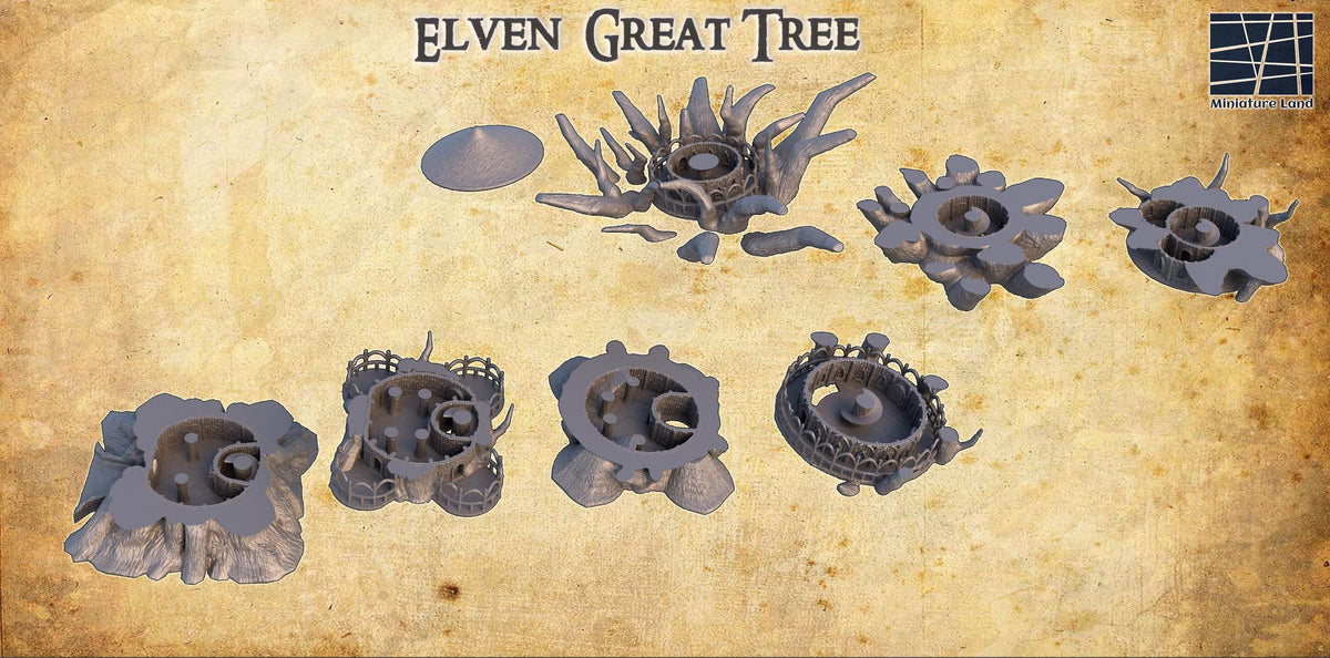 3D printed Elven Great Tree terrain miniature for D&D or TTRPG, detailed 28mm scale playable building from Tattles Told 3D