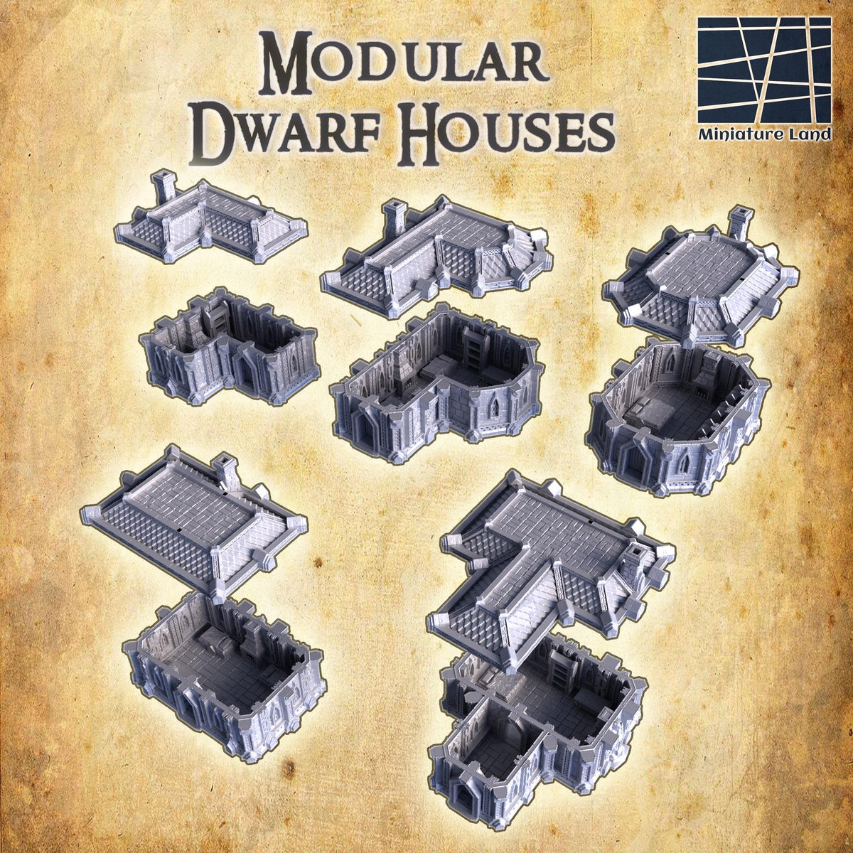 28mm scale dwarf houses, 3D printed playable terrain for D&D tabletop RPG, detailed miniature buildings by Tattles Told 3D.