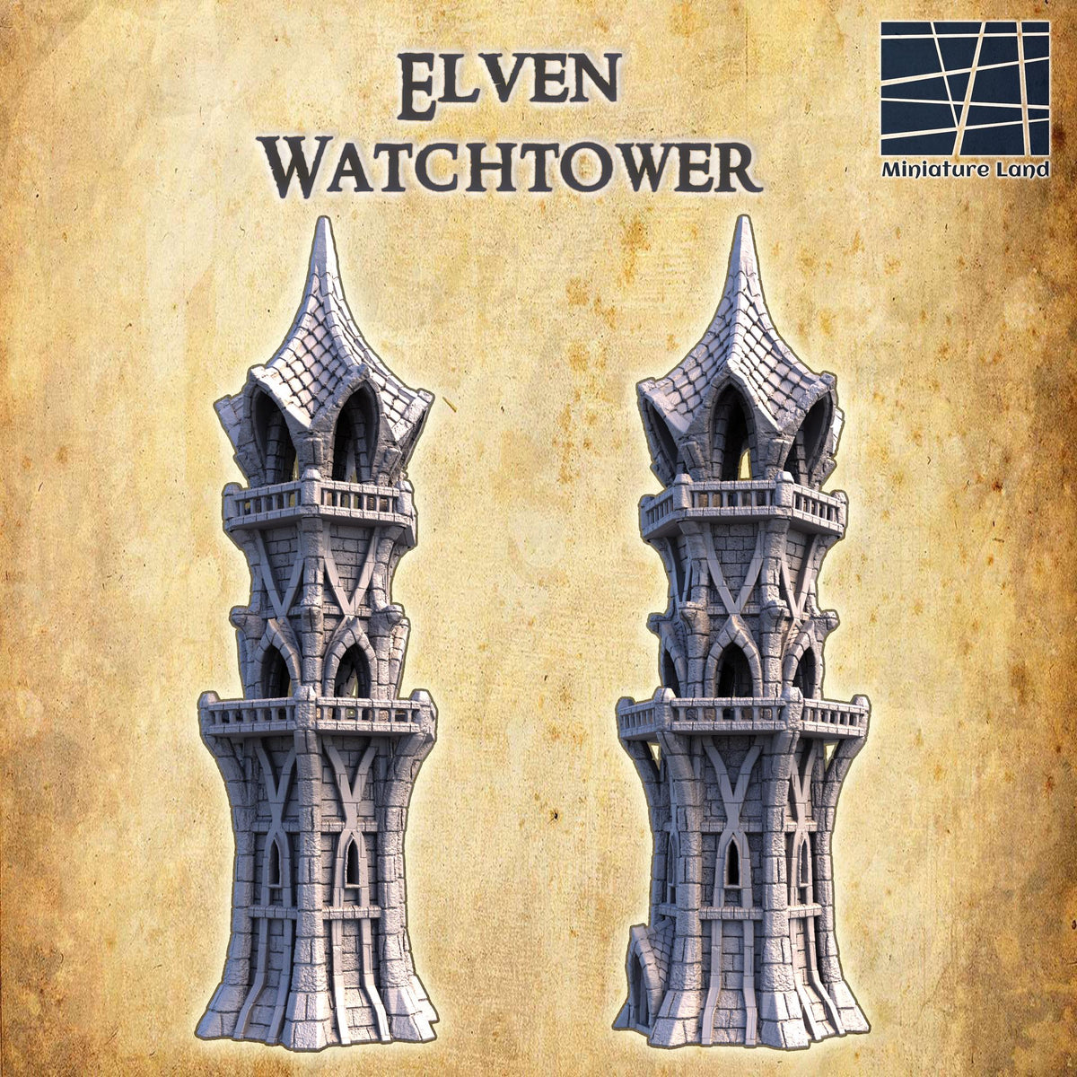 Detailed 28mm scale Elven Watchtower terrain model for D&D and tabletop RPGs, 3D printed miniature building for gaming setups.