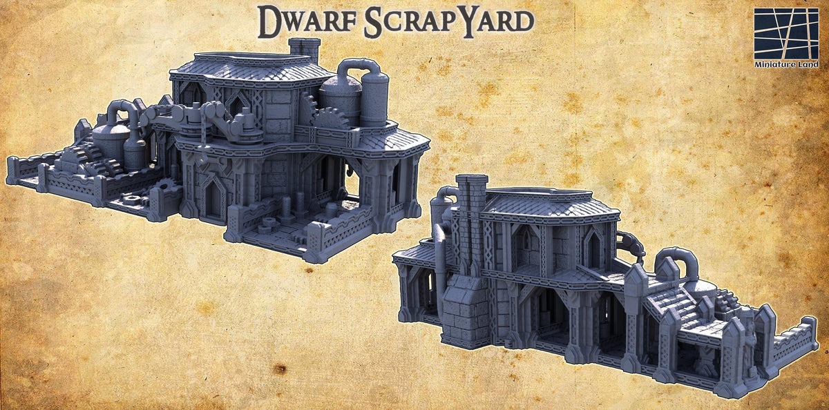 28mm scale Dwarf Mechanic House Scrapyard terrain model for D&D TTRPG, 3D printed miniature building, detailed playable terrain piece
