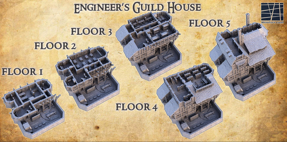28mm scale Engineer Guild House terrain by Tattles Told 3D, detailed 3D printed building for D&D and tabletop RPG games.