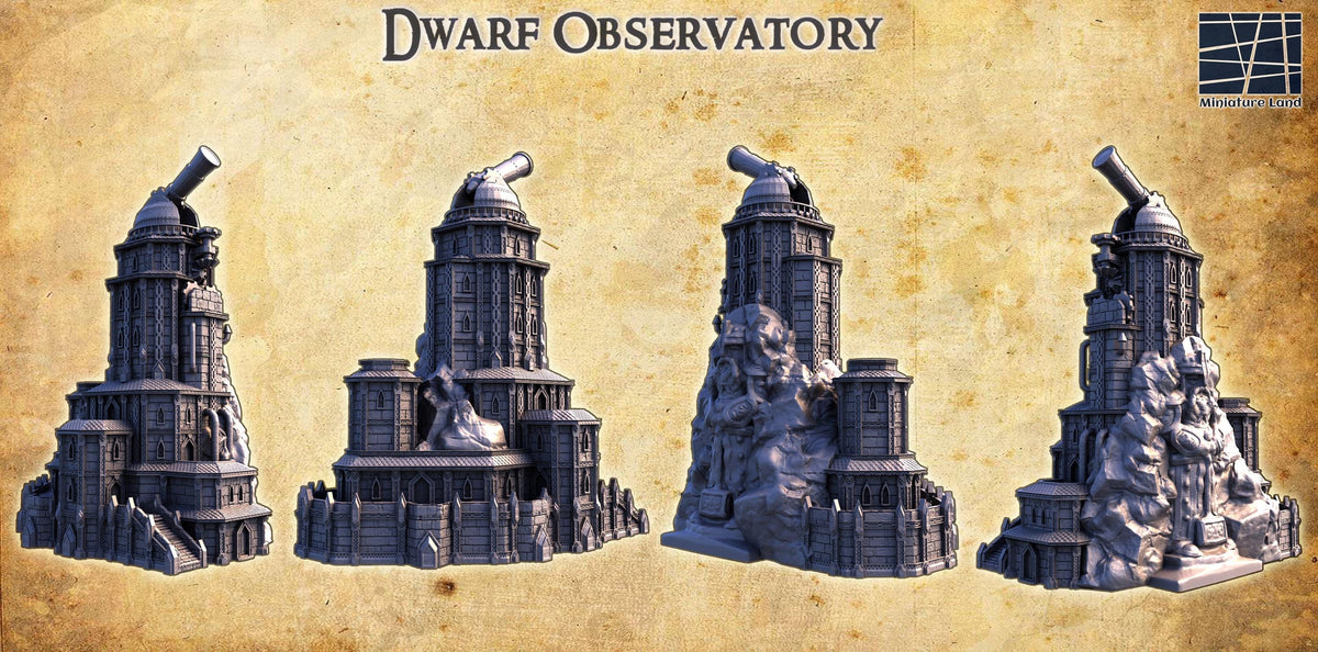 Dwarf observatory 28mm scale model terrain for D&D tabletop RPG, 3D printed playable building by Tattles Told 3D.