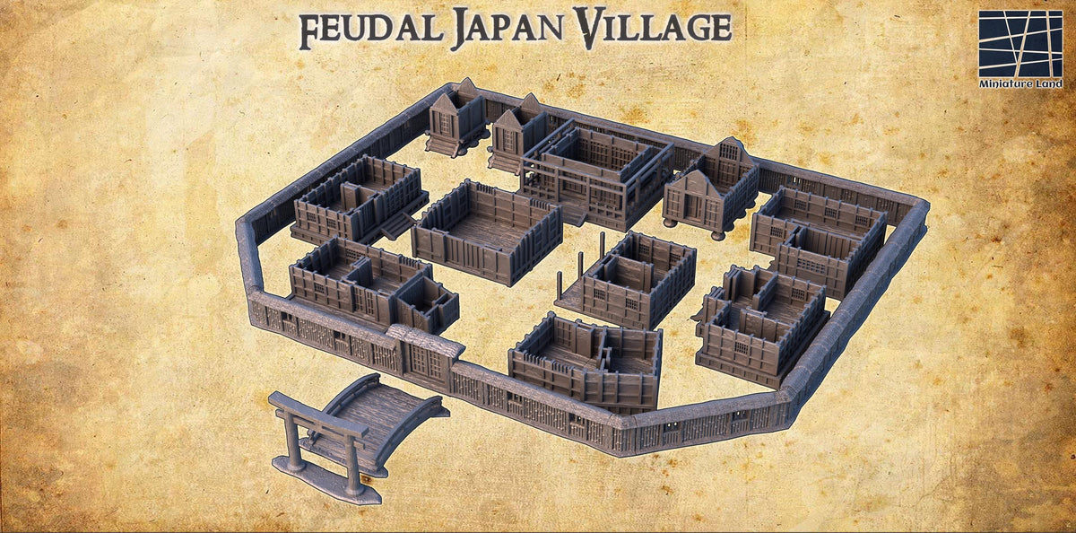 28mm scale Feudal Japan village terrain model by Tattles Told 3D, detailed 3D printed building for tabletop RPGs and miniatures.