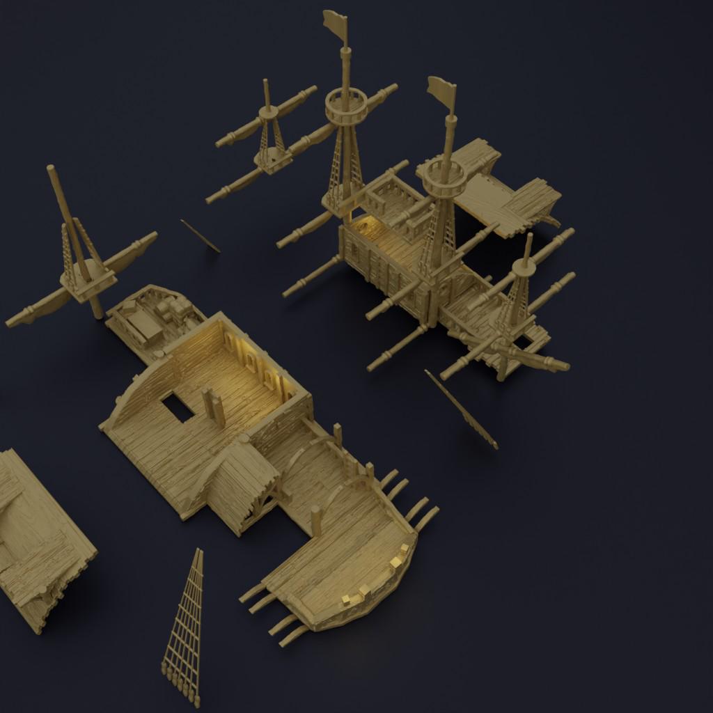 28mm scale Floating Pirate Tavern terrain model by Tattles Told 3D, detailed 3D printed building for D&D and tabletop RPGs.