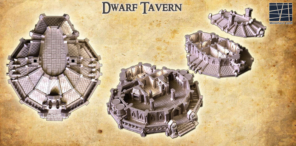 28mm scale Dwarf Tavern terrain model for D&D, 3D printed miniature building for tabletop role-playing games
