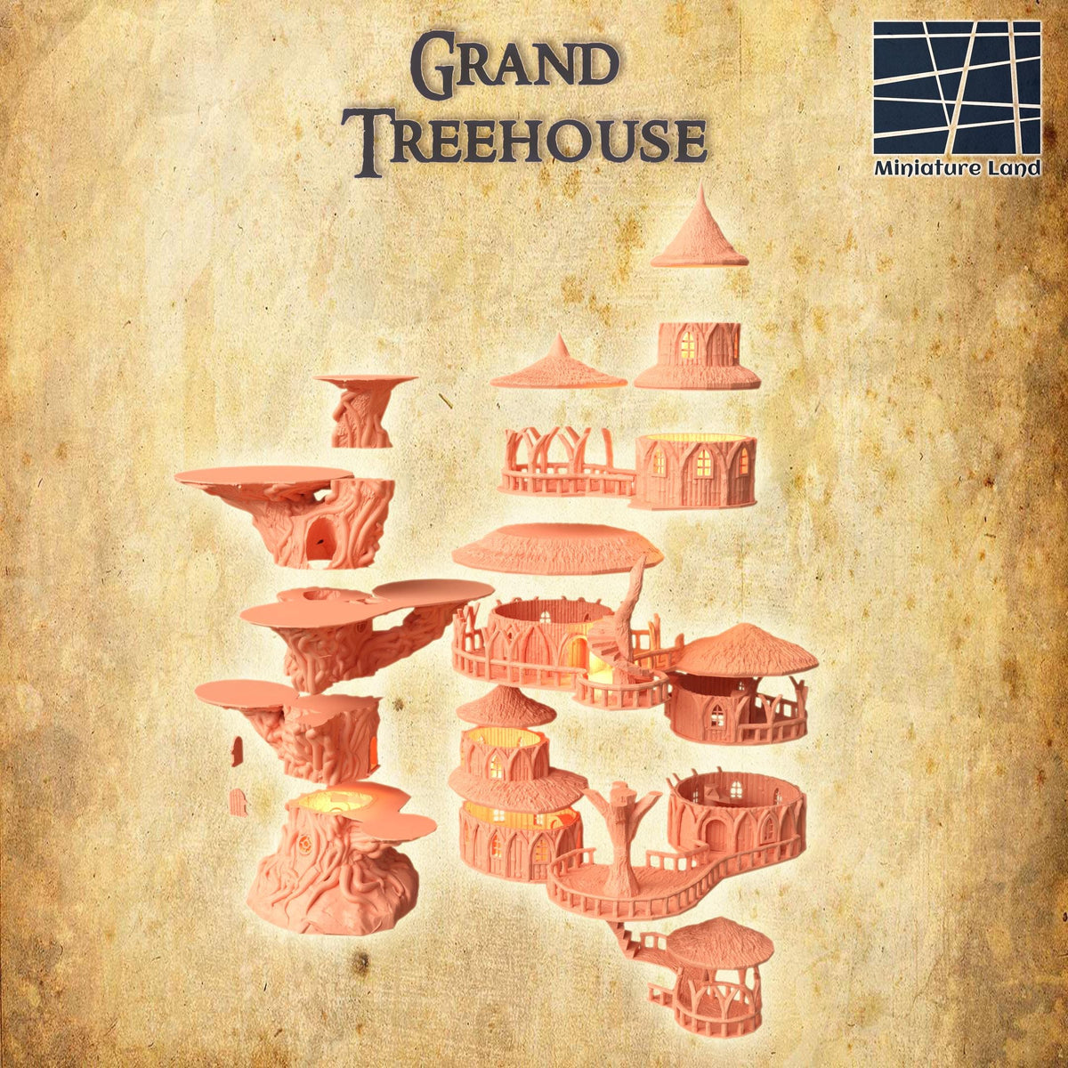 Detailed 28mm scale model of a grand treehouse terrain for D&D TTRPG, 3D printed by Tattles Told 3D, with intricate structure and textures.