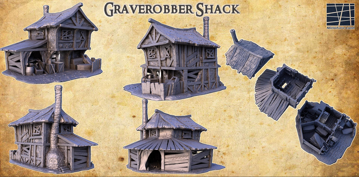 28mm scale Graverobber Shack terrain model for D&D TTRPG, 3D printed playable building by Tattles Told 3D.