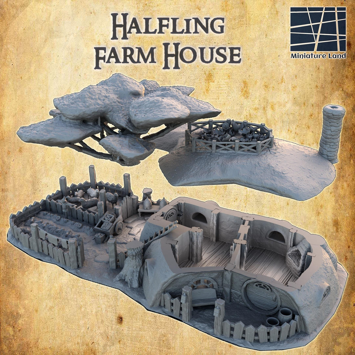 28mm scale halfling farm house terrain model for D&D TTRPG, 3D printed playable building with detailed farm setting.