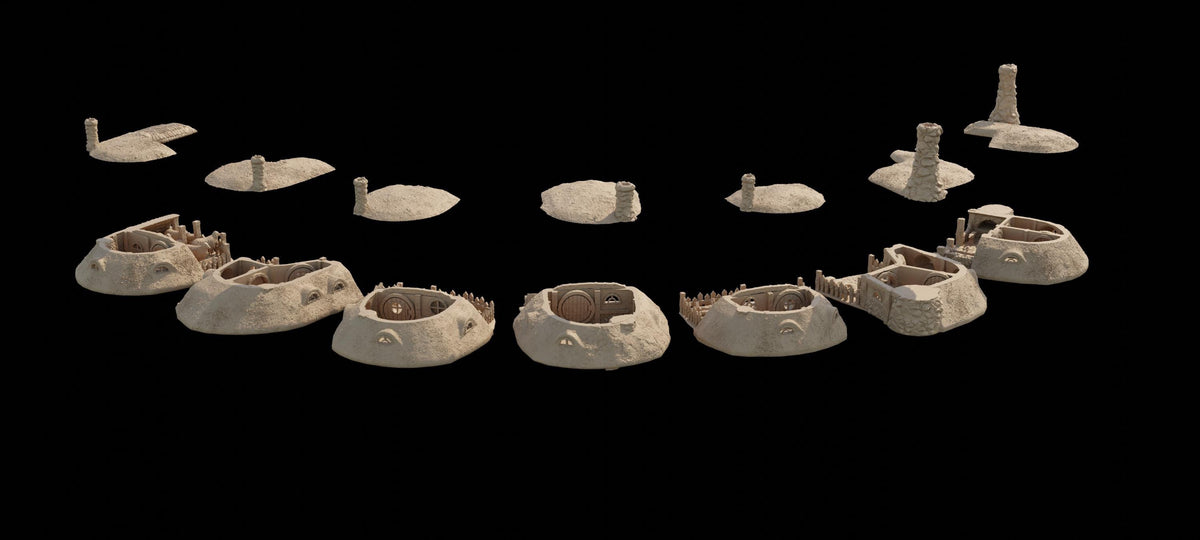28mm scale Hobbit burrows set by Tattles Told 3D, detailed playable terrain for D&D and TTRPG miniature gaming.