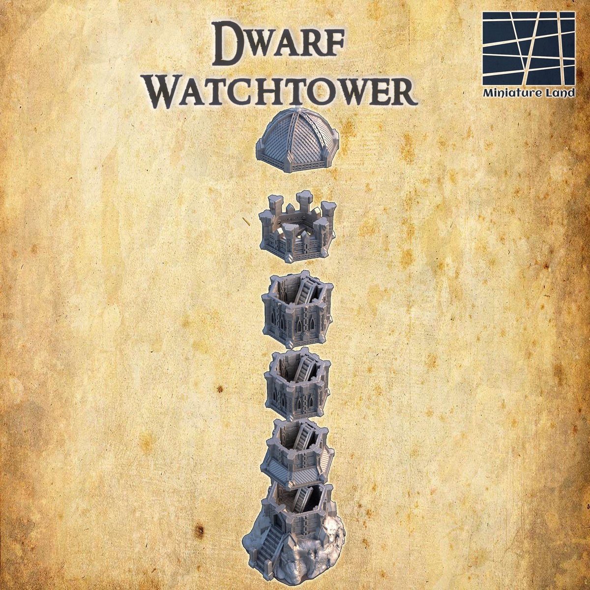 Detailed 28mm scale Dwarf Watchtower terrain model for D&D TTRPG, 3D printed playable miniature building by Tattles Told 3D.