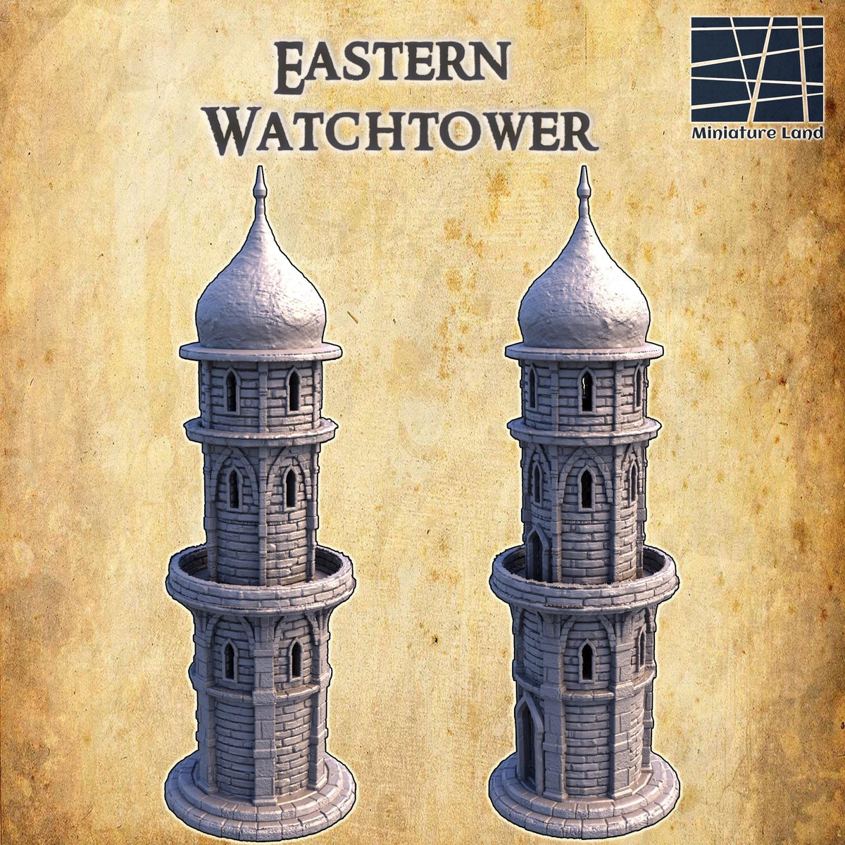 28mm scale Eastern Watchtower terrain model for D&D TTRPG, 3D printed miniature building for tabletop gameplay.