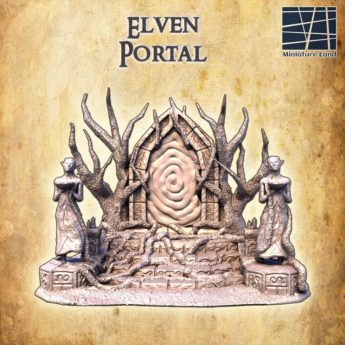 28mm scale Elven Portal terrain, a detailed 3D printed building for D&D TTRPG gameplay by Tattles Told 3D.