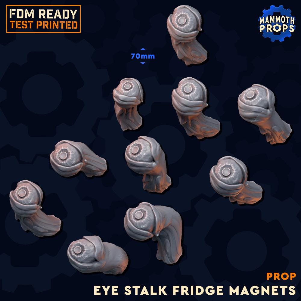 Miniature Eye Stalk Fridge Magnets set by Tattles Told 3D, featuring creepy eye stalk designs for D&D TTRPG gaming accessories.