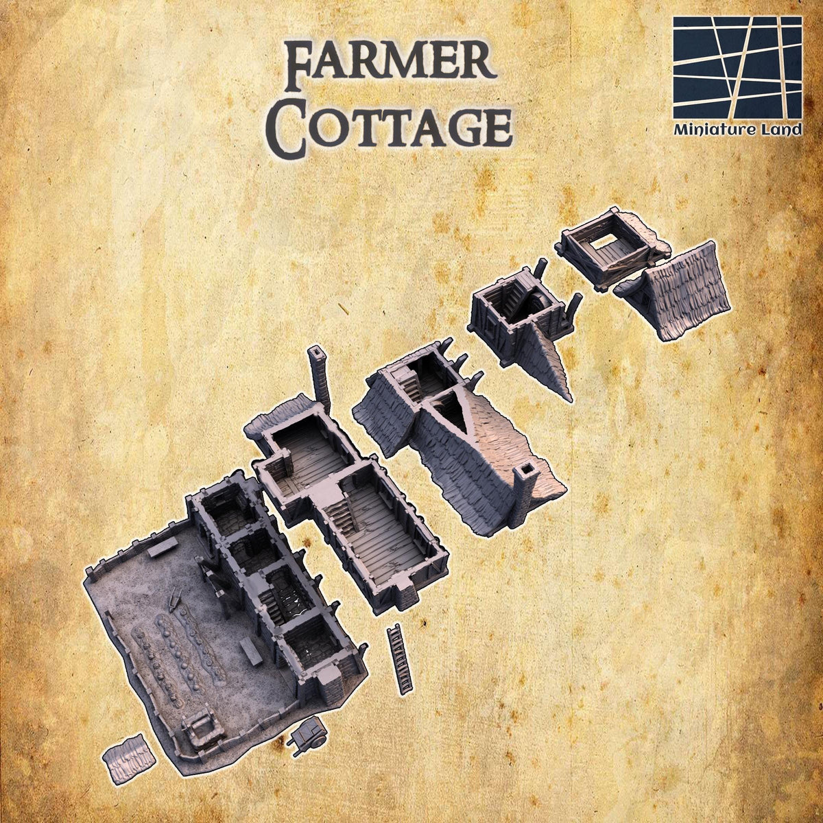 3D printed Short Farmer Cottage terrain for D&D TTRPG, 28mm scale miniature building for tabletop gameplay