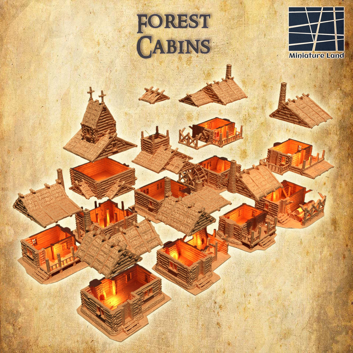 28mm scale Forest Cabins set by Tattles Told 3D, detailed 3D printed playable terrain for D&D and tabletop RPGs.