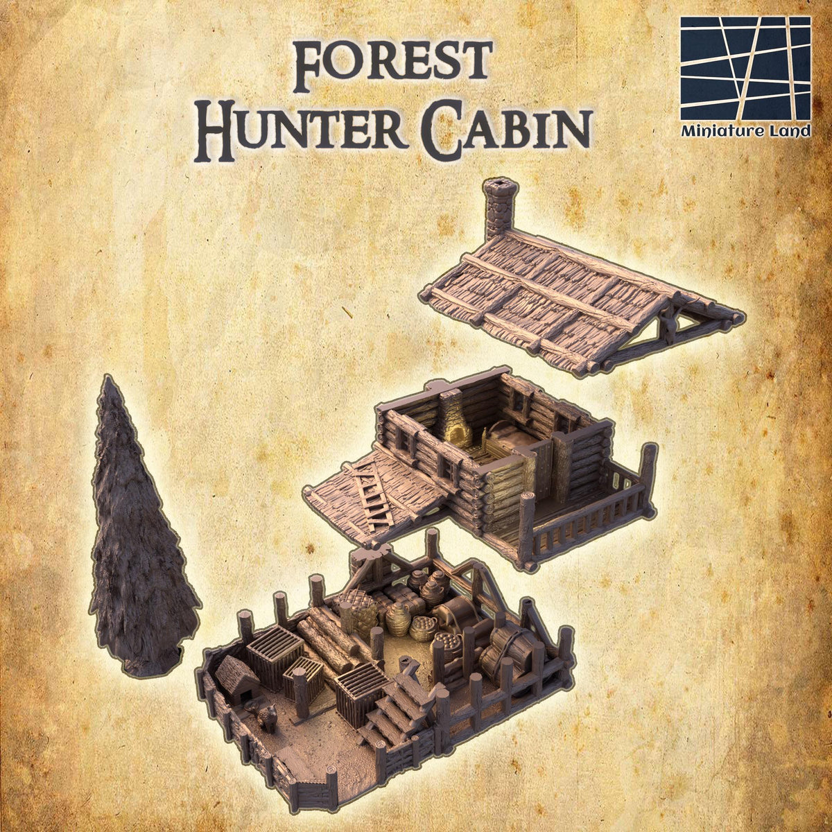 28mm scale Forest Hunter Cabin terrain model for D&D TTRPG, 3D printed playable miniature building by Tattles Told 3D
