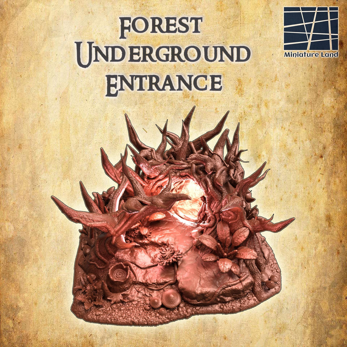 3D printed Forest Underground Entrance terrain model for D&D TTRPG, 28mm scale, detailed miniature building by Tattles Told 3D
