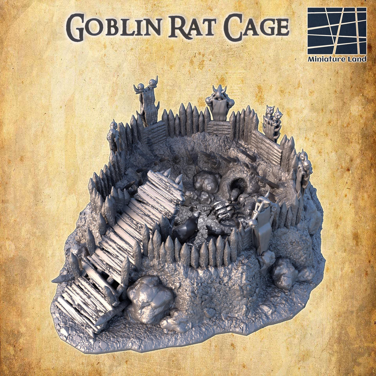 3D printed Goblin Rat Cage terrain model for D&D tabletop RPG, featuring detailed miniature building for 28mm scale gameplay.