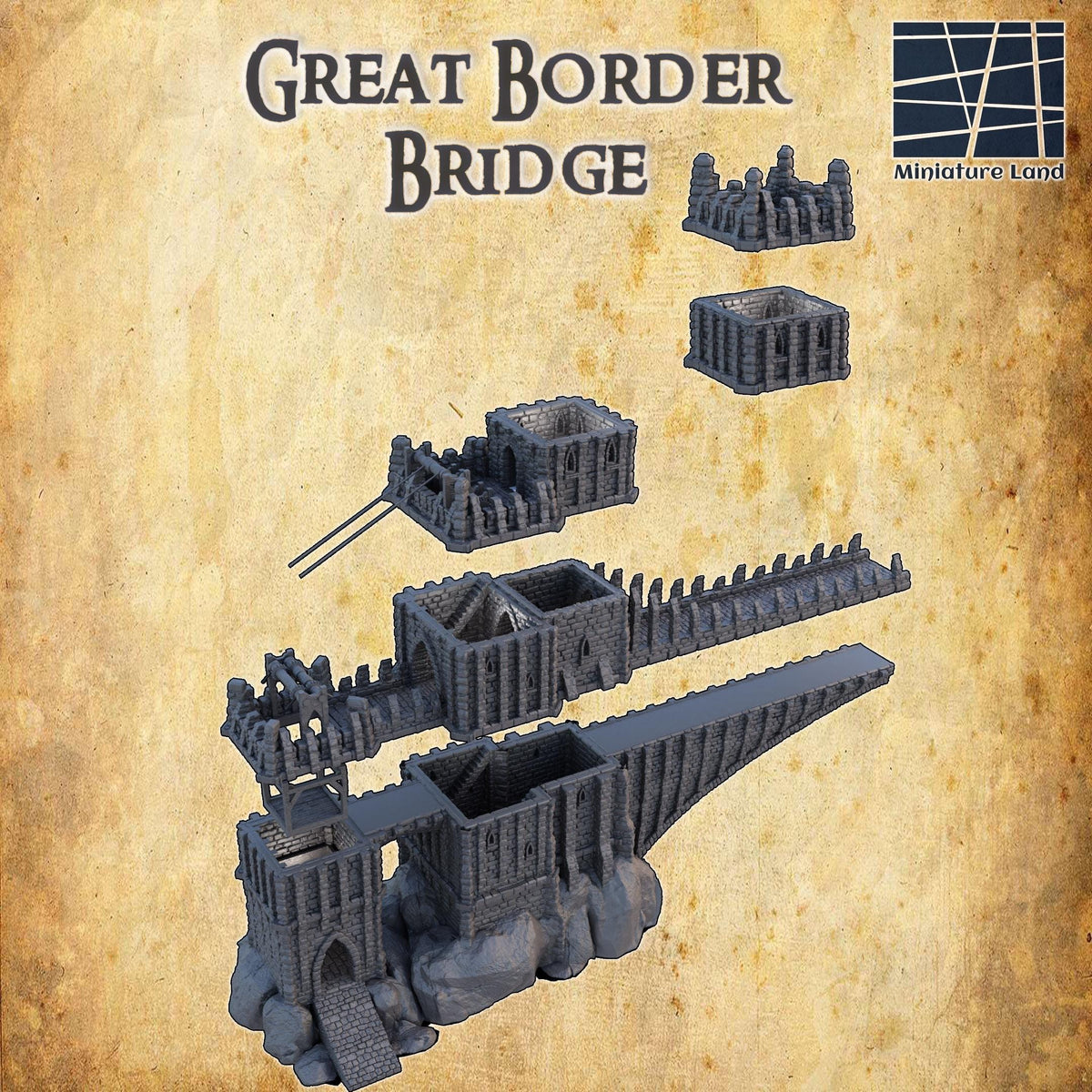 3D printed Grand Border Bridge terrain for D&D and TTRPGs, 28mm scale model playable as miniature landscape or building.