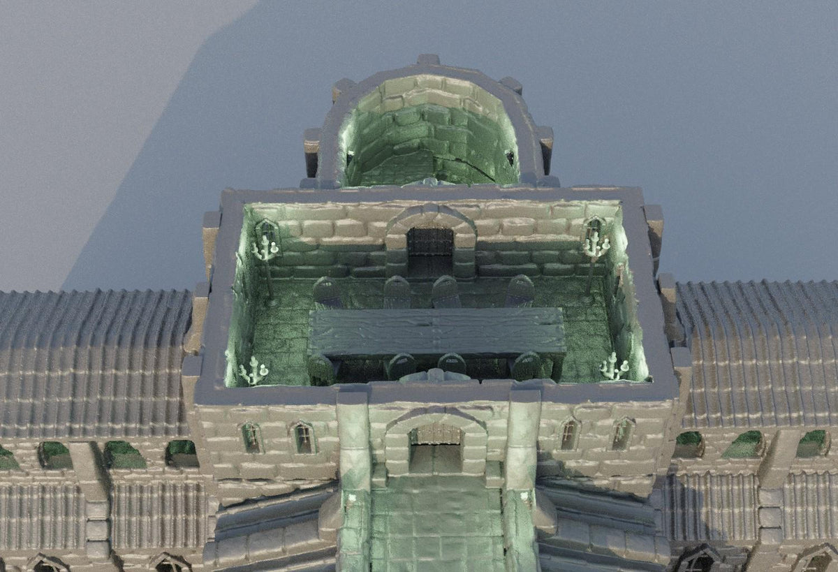 Detailed 3D printed library building miniature for tabletop RPGs, featuring intricate design and realistic textures.