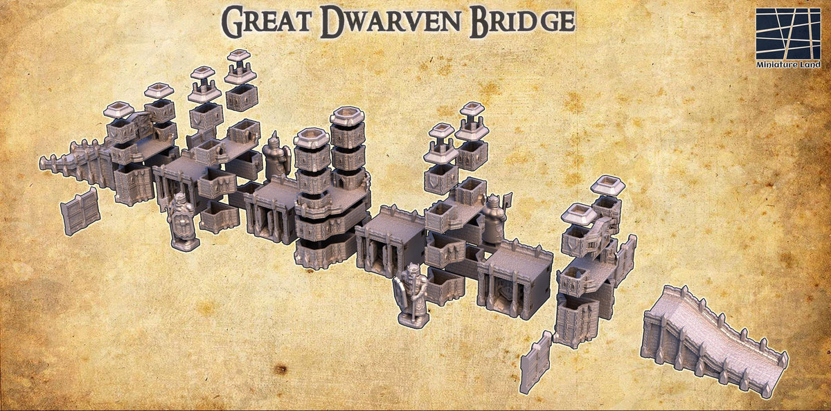 28mm scale Dwarven Bridge terrain model for D&D TTRPG, 3D printed playable miniature structure by Tattles Told 3D.