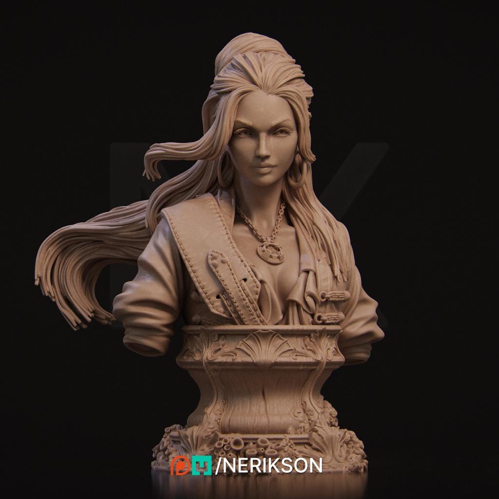 Garage resin kit statue of Mariana the Pirate, a Tattles Told 3D D&D fantasy miniature by Nerikson, detailed pirate figure.