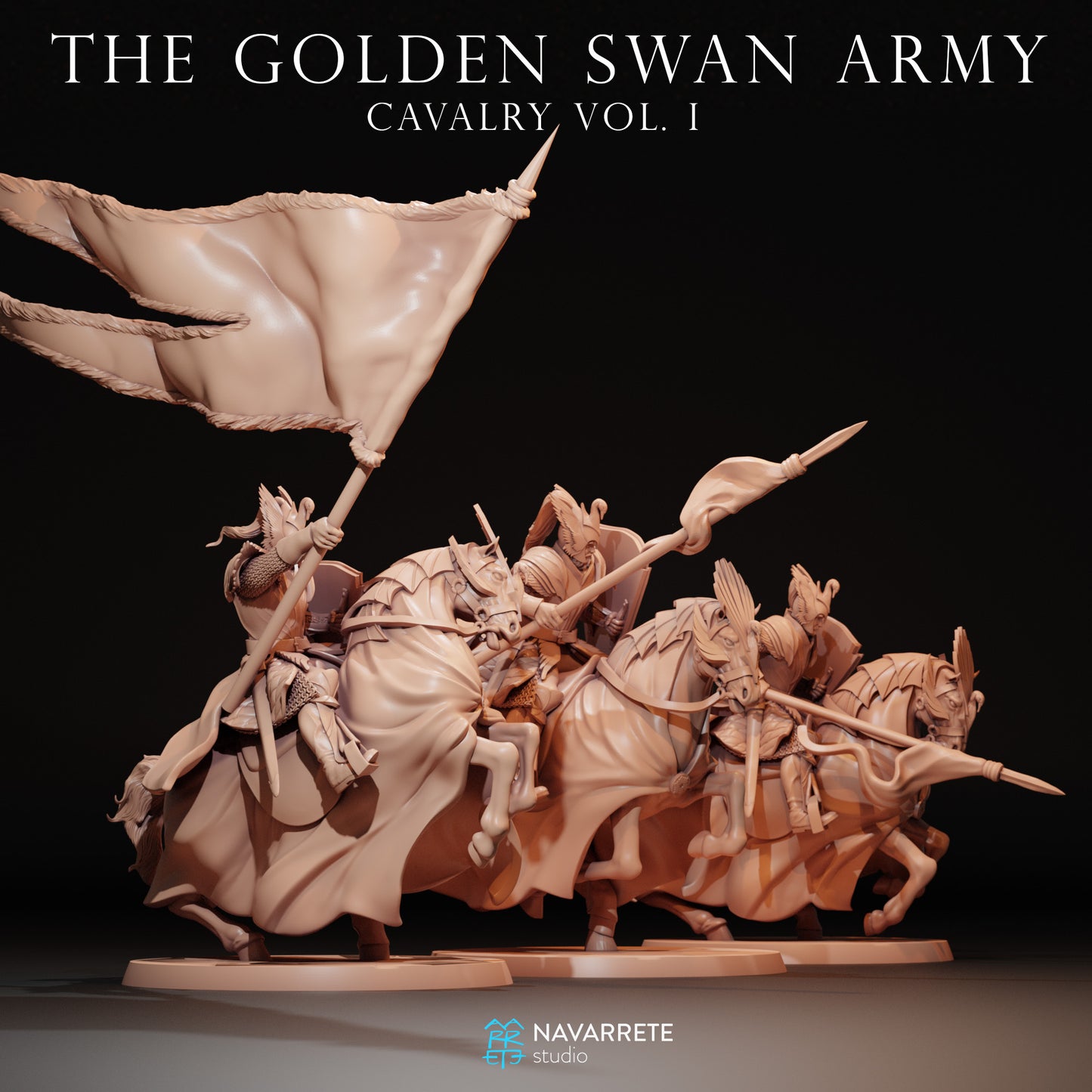 Detailed view of the Cavalry of the Golden Swan Army miniature by Tattles Told 3D, showing armored horse and rider with gold accents.