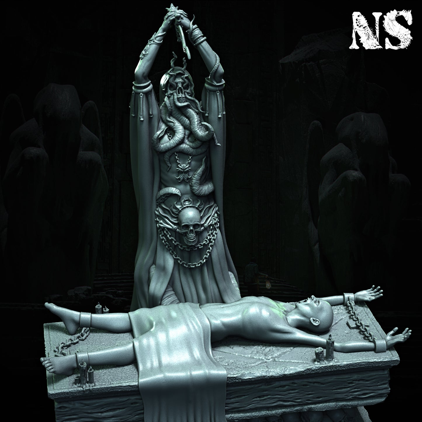 Cult of Cthulhu The Great Offering 75mm | Cultist, Lovecraft, Elder God, Altar | D&D Cosmic Horror Fantasy | NS Miniatures