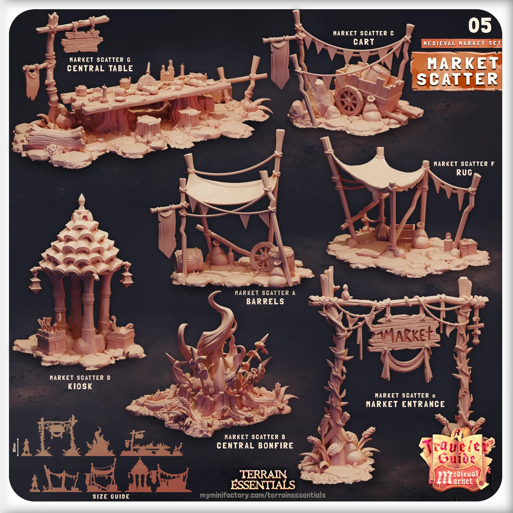 Medieval Market Set | TTRPG Scatter Diorama Dollhouse Miniature | Terrain Essentials