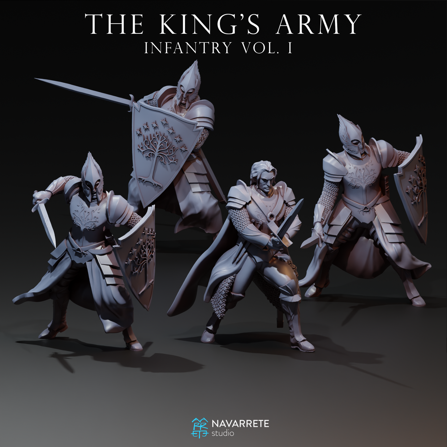 Detailed Tattles Told 3D Army of the King infantry tabletop gaming miniature by Navarrete Studio, showing armored soldier with weapon.